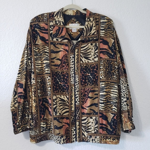 Vintage 80s 100% Silk Animal Print Windbreaker Bomber size 2XL - Picture 1 of 8